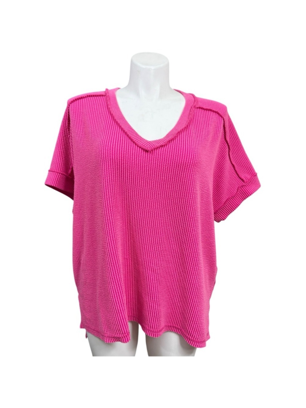 ZENANA Hot Pink‎ Ribbed Knit V Neck Oversized Top 1X 2X Plus Size